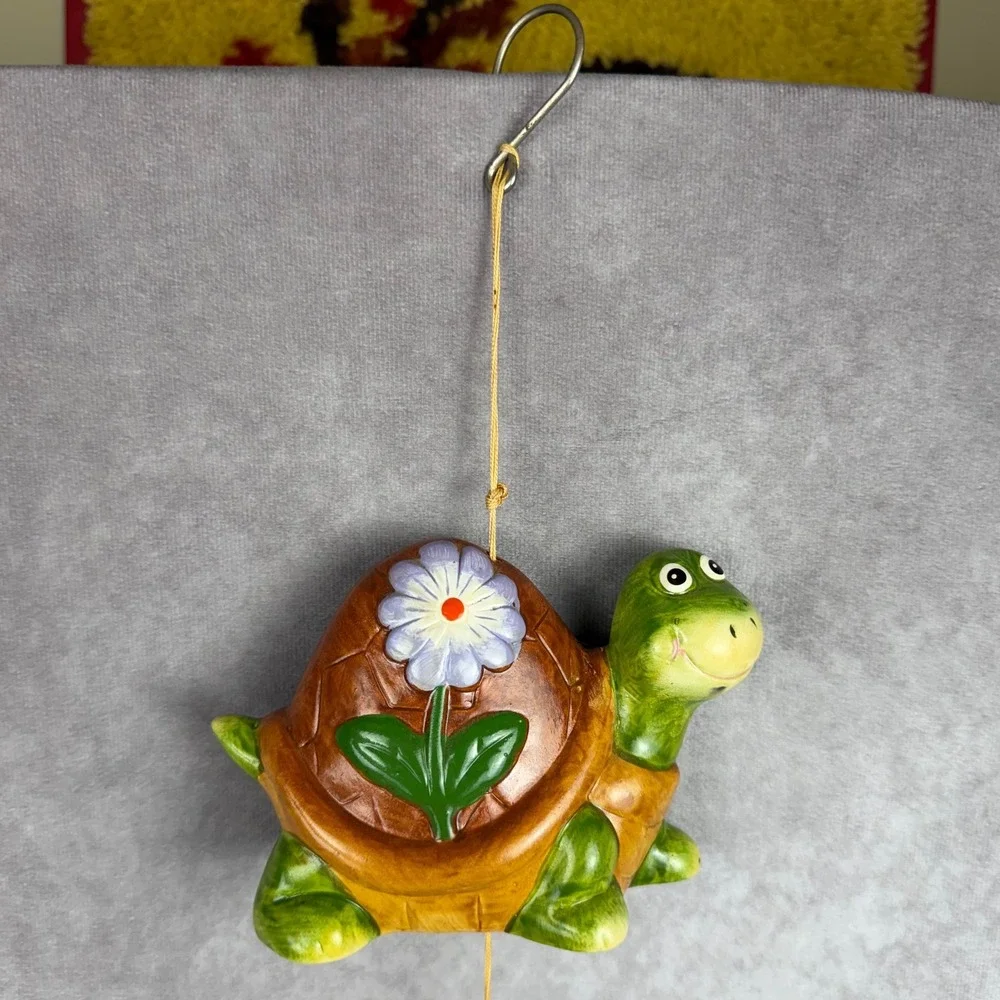 Vtg Ceramic Turtle Wind Chime Hanging Flower Garden Decor Chimes Whimsy Bohemian
